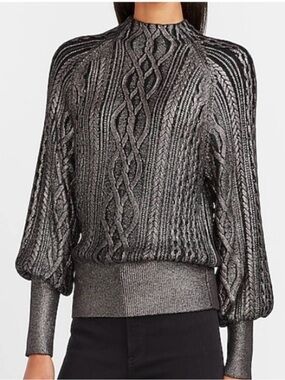 Express Metallic Charcoal Cable-Knit Balloon Sleeve Sweater